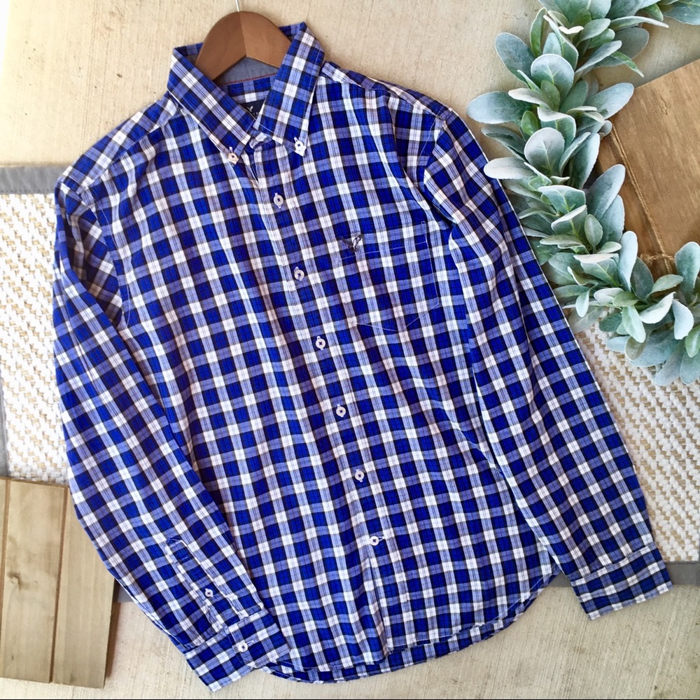 American Eagle AEO Button Down Blue Plaid Shirt